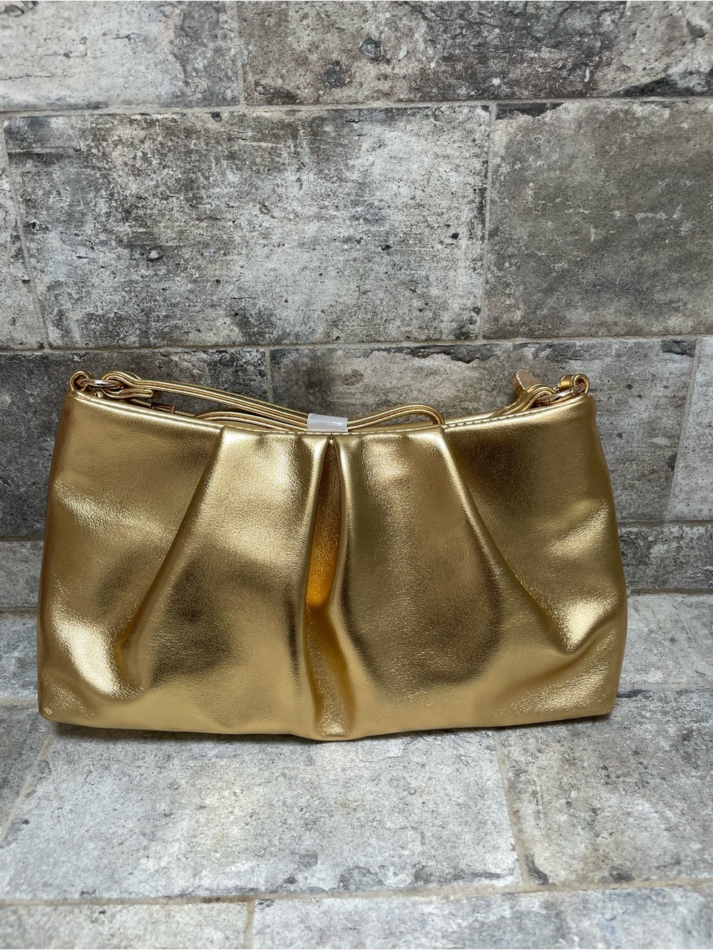❤️ LEATHER EVENING GOLD BAG Ruched Clutch Purse Detachable Double Shoulder